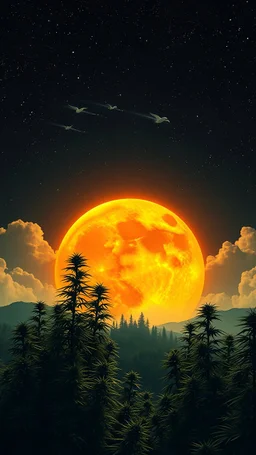 Orange moon landscape on green planet, space meteorites, stars in the night sky, fantasy plants on theof marijuana trees split toning effect, subsurface gaussian scattering, dark fantasy, dark botany, photorealistic image, ultra-details, Marijuana trees birds flying in to the sun clouds around the sun