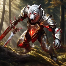 Silver and red armored humanoid wolf, large white and gold armored humanoid bear in the woods, fighting with swords, incredibly hyper-detailed, artwork, 8k digital art