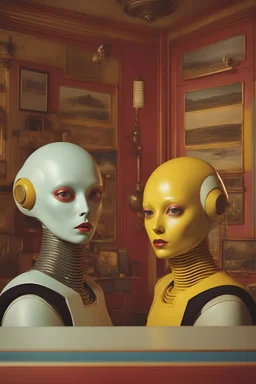 Alien retro computer robot portrait photo, pastel colors, yellow, red, photographed by Jamie Baldridge, Yves Tanguy, film still from wes anderson, medium shot fashion, award winning photography, arty pose, fashion, high definition, high resolution, muted colors , volumetric lighting, 8k, 3d render