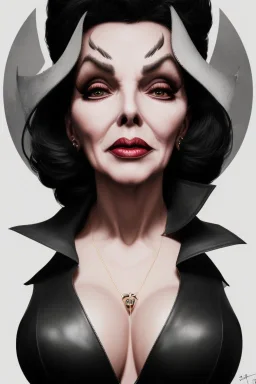 Joan Collins as evil queen in black leather, leather, busty, cleavage, angry, stern look. character design by cory loftis, fenghua zhong, ryohei hase, ismail inceoglu and ruan jia. unreal engine 5, artistic lighting, highly detailed, photorealistic, fantasy