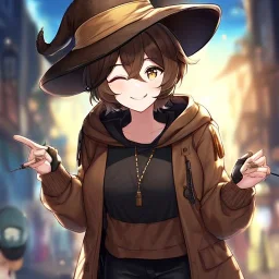 Clear focus, High resolution, short brown spiky hair, hair between eyes, eyes closed, wearing a brown detective hat, wearing a brown jacket and a black shirt, wearing black shorts, 1girl, pulling hat down, smiling, wearing a oversized hoodie