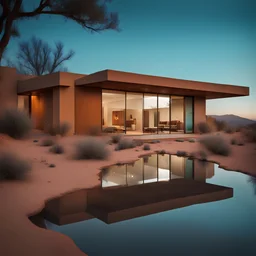 house designed by richard neutra, african patterns, textured turquoise, route 66 desert, corten steel,reflection, adobe, night scene, rusty metal