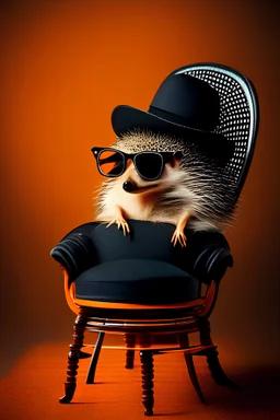 hedgehog lying on a vintage chair wearing round black glasses in a black cylindric hat on orange background