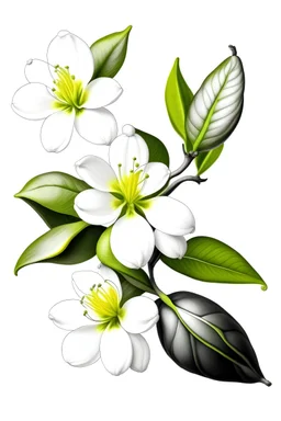 Tangerine blossom, Citrus blossom, citrus flower, black white drawing