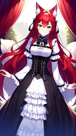 ((Fox Girl)) (((Identical Twin sisters))) (Elegant Gothic Lolita Dress) (Red Hair) (Green Eyes) (Fox Ears) (Fox Tail) Frills Bows Corset