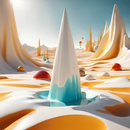 Bright, glittering, 3d, marble-like, surreal objects in a bright environment, desert, noon light, melting cream, Yves Tanguy style