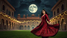 Hyper Realistic Beautiful Young Pashto Woman Wearing A Maroon Silk Frock With Detailed Maroon Embroidery & Beads Work On It Happily Swirling Inside The Beautiful Courtyard Of A Traditional Mughal Fort Decorated With Garland Lights At Dark Beautiful Night With Cloudy Full Moon On A Green Grass Showing Dramatic And Cinematic Ambiance.