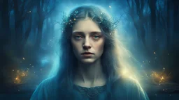 Old canvas, Portrait of a Medieval beautiful sad woman 20 years old, double exposure, fantasy, night, fog, blue, flowing hair, forest, bridge, water, sparkles, fireflies, fine rendering, bright colors, high resolution, 3D, clear lines, photorealism ,