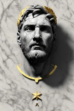 Ultra Realistic image, Roman sculpture bust, clean white marble material, Lionel Messi, gold Laurel leaves wreath, renaissance ornaments, one gold star, blue sky background, waist up portrait, epic, cinematic lighting, god light, 4k resolution, smooth details, ornate details, soft lighting, unreal engine 5, art station, substance 3d, art concept.