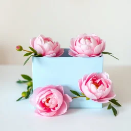 A delicate light blue box with beautiful pink peonies all on a light background to remove