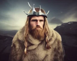 a sad and lonely viking looking up at the stars at night, hyper realistic, 8k, insane detail, atmospheric background, crying eyes, big fur coat, long braided hair, sharp focus, soft background, dynamic lighting, viking helmet, night time