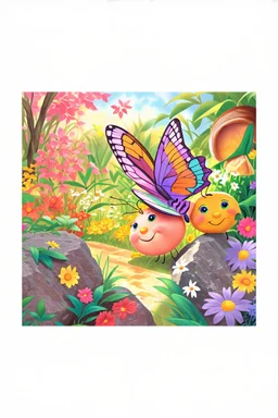 a striking, purple butterfly on a rock in a colorful garden background , child book illustration style, faces must be the same as reference image