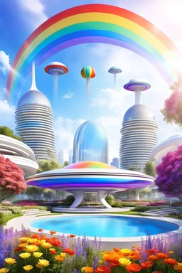 very beautiful, ,flowers, garden,rainbow, cité futuriste ultra moderne, ufos, cascade colorée, domes