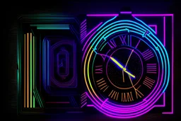 black background, outlines of a holographic clock and a picture in border drawn from thin neon-coloured glowing lines