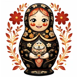 draw matryoshka dolls, the matryoshka is smiling, the kind sweet face of the matryoshka doll, behind the matryoshka Russian patterns in the style of Khokhloma, Khokhloma with gold and black flowers