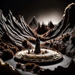 Close-up photograph of creepy landscape made of cake-frosting, steep spiers in the background, indefinite organic subjects, vegetal figures, which have become a petrified homogeneous whole, a structure where numerous figures are incorporated, including a decomposed bull. Volumetric light. In the center a female figure, standing and with her back turned, between a dark pillar and a man with the head of a bird. Blue sky. 33mm photography, intricate, Max Ernst style, blender 3d.