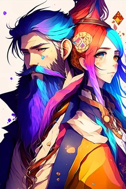 anime couple, mage, colorful, man with beard