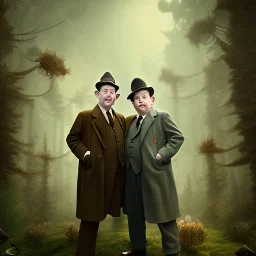 stan and ollie Mystery,Ambiance dramatique, art background, dramatic lighting, volumetric lighting, hyperrealisme, 8k, high quality, lot of details, fit within portrait