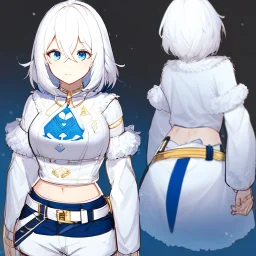 Clear focus, High resolution, rough line sketch art, short fluffy white hair, hair between eyes, fluffy hair, blue eyes, wearing a crop top, wearing shorts, detailed outfit, lots of details, bow on belt, white belt, white and blue everywhere on outfit, cut sleeve, yellow chains around outfit