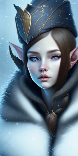 Cute and adorable face elven adventurer with small pointy ears dressed in a warm overcoat with survival gear on a winters day, Cedric Peyravernay Art, anthropomorphic --ar 2:3 --beta --upbeta --upbeta