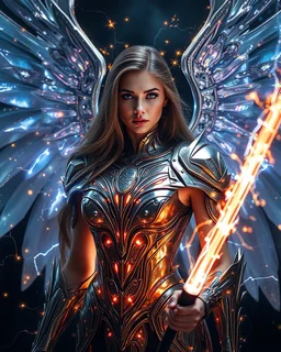 Luxurious Photography Full body Beautiful Angel woman,luxurious armor,long hair stand face front in impact picture,translucent and glowing metallic patterns,glowing metal objects hovering in the air and surrounding him,Electric arcs and sparks,flow of energy,translucent magnetic lines,golden and shimmering light effects