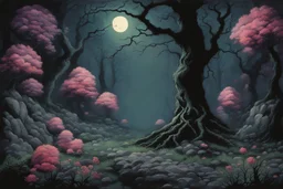 Night, trees, flowers, japanese manga style, horror gothic fantasy spring, rocks, friedrich eckenfelder paintings