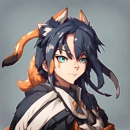 Anime portrait, anthropomorphic wolf character with fox ears and a tiger's tail, 8K resolution, ultra graphics, high quality, and detailed with lines.