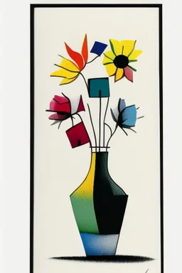 Pen, ink and oil transfer minimalist print of flowers in a vase in rainbow colours in the style of Paul Klee