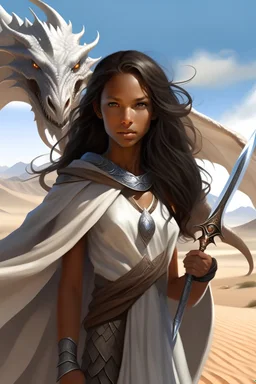 A beautiful, brown-skinned, female Fae with blue eyes. She has long, wavy brown hair. She wears a black dress with a silver cape and silver hood. She holds a white sword. A white, fire-breathing dragon flies above. They are in the desert.