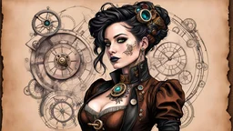 portrait photograph of cute woman, steampunk, bits of color, Sketch book, hand drawn, dark, gritty, vibrant deep color, realistic sketch, Rough sketch, mix of bold dark lines and loose lines, bold lines, on tattered paper, 3d, popping out of paper, Full body, tattoos styled like runes, beautiful, steampunk leather clothing embroidered with silver runes