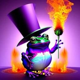 frog wearing a top hat, watching flowers burn with a purple flame, digital art