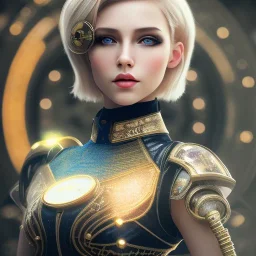 portrait of a woman with short blonde hair and amber eyes,steampunk style,8k quality,full body shot, masterpiece, best quality,sparkling eyes, fluorescent skin, colorful makeup, highly detailed body,sun light, 4K, RAW, depth of field, high contrast, realistic details, 24mm