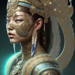 Sango fantasy, fantasy magic, intricate, sharp focus, illustration, highly detailed, digital painting, concept art, matte, art germ and Paul Lewin and Kehinde Wiley, masterpiece Mayan princess dancer head bronze feather's' Asian Latin girl nice breast brown Thai hair turquoise silver blue sky