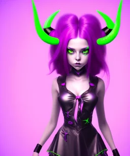 cute purple haired devil girl with bright green eyes and 2 black horns on her head wearing a purple/pink dress