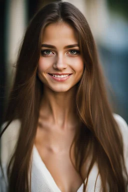 portrait of a 17 year girl with long light brown hair and hazel eyes, slim body and a happy expression