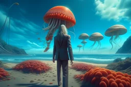 woman in a form-fitting suit, standing on a beach of an alien world, watching mushrooms with jellyfish tentacles in the sky, photorealistic, Detailed Matte Painting, Deep Colour, Fantastical, Intricate Detail, sunshine