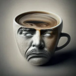 The image of a thinking man's face in a coffee cup