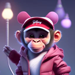 pixar style anamorphic cute monkey baby, smiling, gangsta silver neckless, wearing hat, full body, magenta puffer jacket, manila city backdrop, dramatic lighting, hyper-realistic, unreal engine 5, 16k. full detailed,