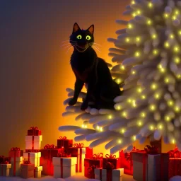 black Cat tangled up in christmas tree lights holiday