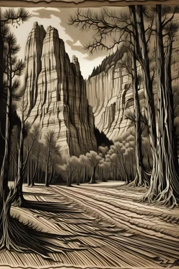 The Court of the Patriarchs at Zion National Park in the style of a wood carving