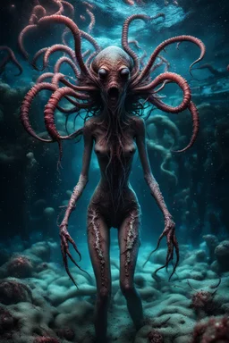 cosmic horror, nightmare, galaxy interwoven with dread, truth, alien underwater, fullbody, feet point view, creepy, horrifying, sinister, many worms parasite creature connected to the head, sparks around her, intricate, 8k, macro photography,