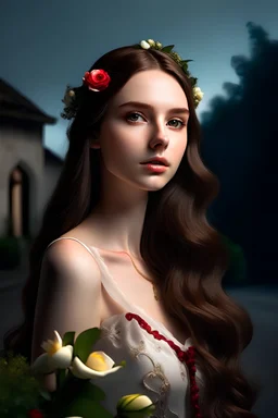 A fantastically beautiful full moon light, starry, in the background a Bavarian mountain village, very idyllic, very detailed, beautiful, delicate pastel colors.., Ferrari 812 fast parking.. and this gal standing there..
