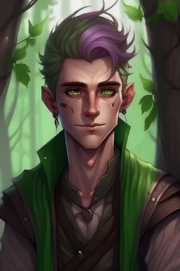 Young male wood elf, rogue, light brown skin, bright green eyes, mauve hair, black leather, mischievous, trees, stoner