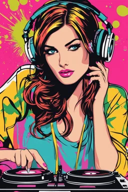 Pop art painting super model pretty girl with headphones playing music on a turntable, dj rave party disco club