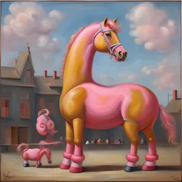 Big pink toy horse.19th painting