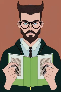 Fit man in round glasses with bookshelf in background, stubble,no beard, reading book, slim, tie, monotone, green eyes, comic book style, two tone colours, detailed, ink, realistic, handsome, square jaw, big brows, no jacket, bird on the shoulder, spotlight