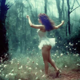 The exuberance of the faerie poised on hands and knees for the dance in cotton agent provocateur [vintage style noisy scratches glitches, Shot the texture and then rewound the film and double exposed from a 1970 Italian VHS movie]