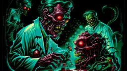 High_Quality_Art Digital Painting of Science experiment Horror surgeon Monster zombie creature by Richard Corben, Todd Schorr, T-Shirt Design, Black Background,