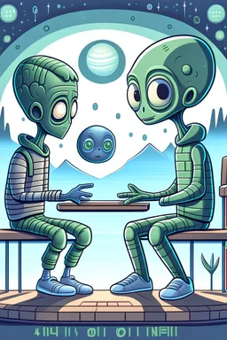 alien and a boy sitting on a bench. alien isshowing boy with his alien hand the universe that boy never saw with his human eyes. there are geometric stuff all around and some planet stuff. boy and alien are friends.