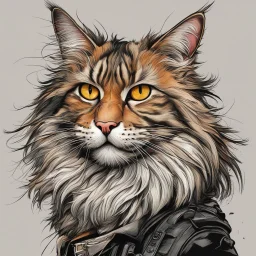 create a wild caricature of a ragged streetwise cyberpunk female mercenary Maine Coon cat, highly detailed with refined feline features in the cartoon caricature style of Gerald Scarfe and Ralph Steadman precisely drawn, boldly inked, vividly colored, 4k